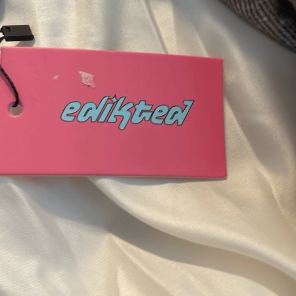 Edikted Presley Plaid Cotton Blend Puffer Jacket Brown Tan Cream Knit M - Picture 7 of 10